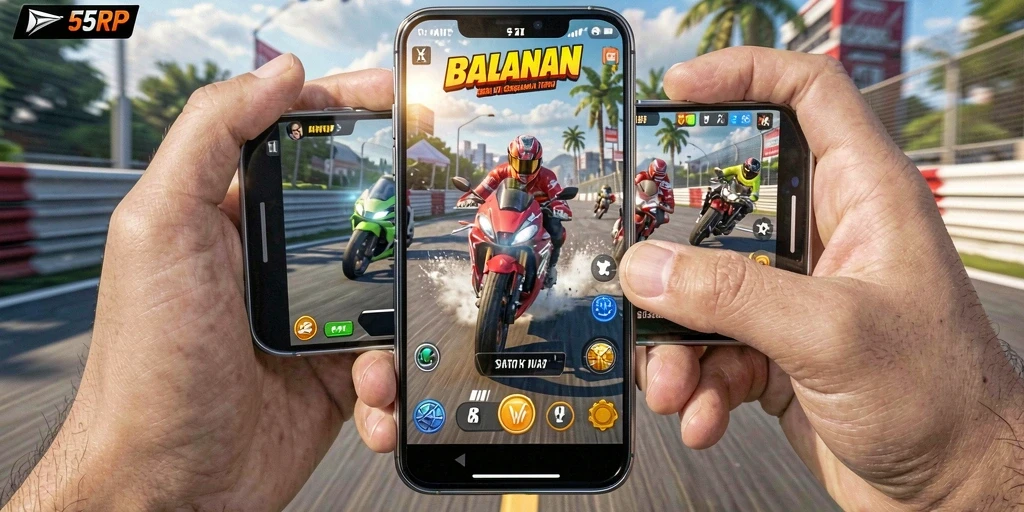Screenshot menunjukkan balapan motor yang intens dan mendebarkan.
