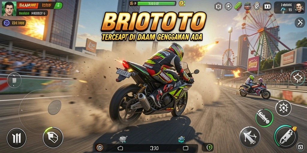 Tampilan gameplay mendebarkan di BRIOTOTO dengan aksi balapan motor yang seru.