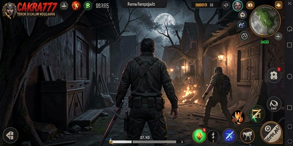 Tampilan gameplay CAKRA777 yang mencekam dengan efek horor yang menakutkan.