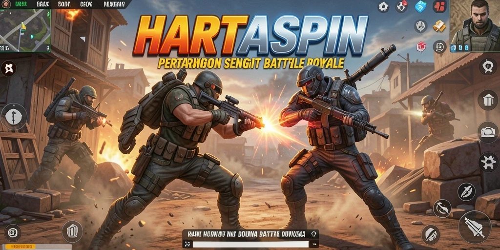 Screenshot HARTASPIN menampilkan aksi pertarungan seru di battle royale.