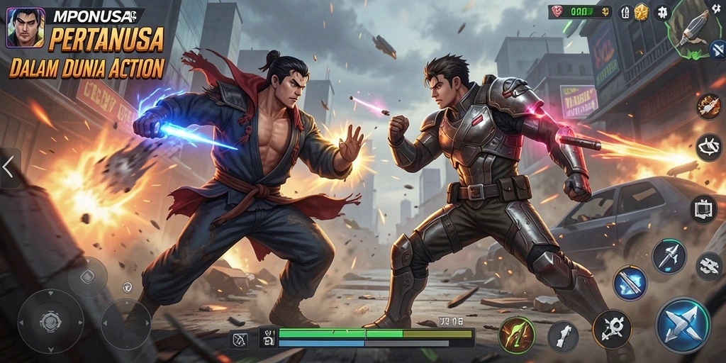 Screenshot utama MPONUSA menampilkan pertarungan epik dengan efek visual yang menawan.