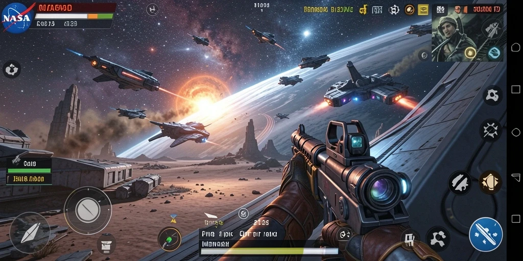 Tangkapan layar gameplay NASA4D dengan aksi tembak-menembak yang intens.