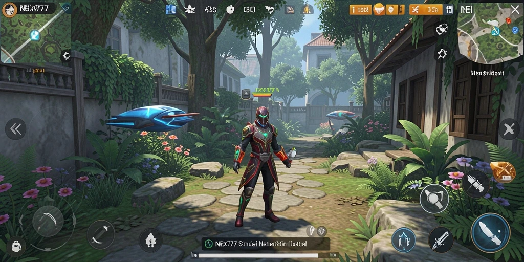 Screenshot utama NEX777 menunjukkan antarmuka gameplay simulasi yang interaktif.