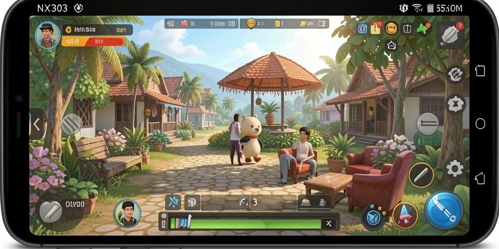 Screenshot gameplay NX303 menampilkan aksi seru dan penuh warna.