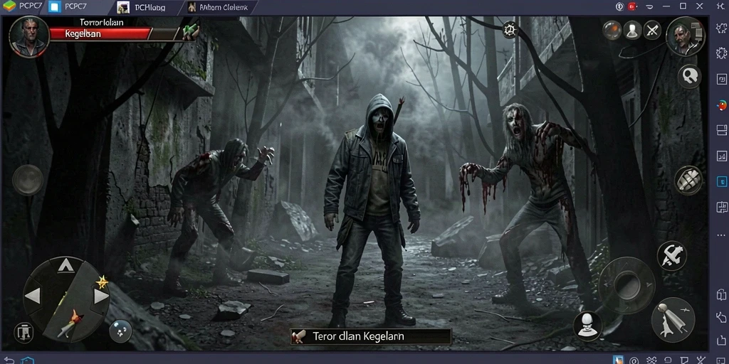 Screenshot gameplay PCPC7 menampilkan suasana horor yang mencekam.