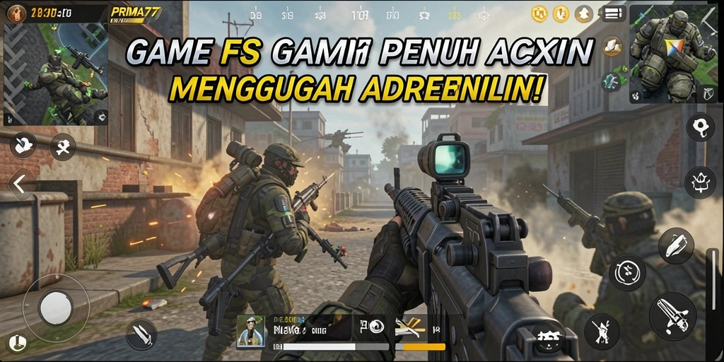 Screenshot gameplay PRIMA77 menampilkan pertempuran FPS yang mendebarkan.