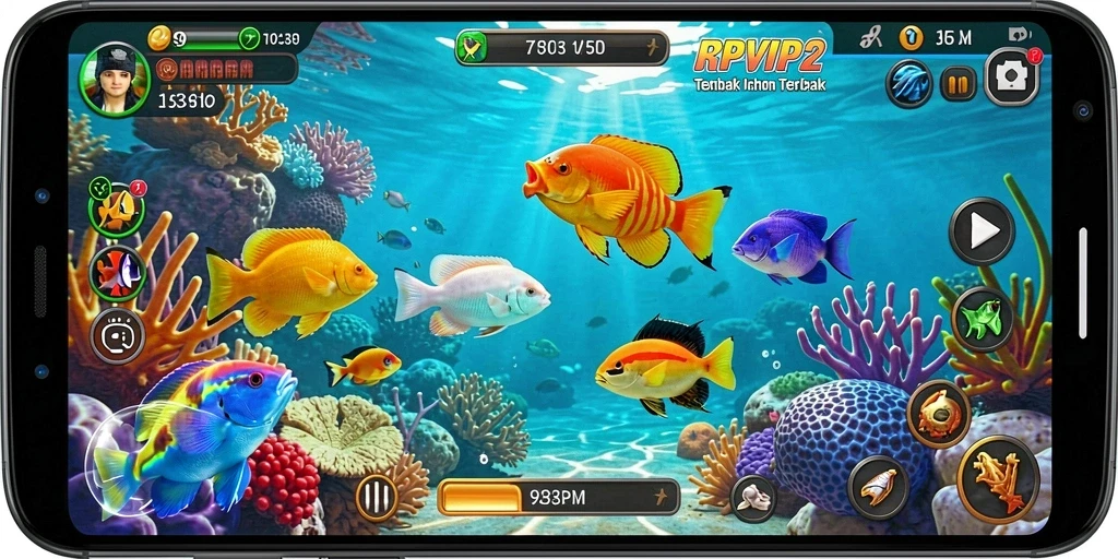 Tampilan gameplay seru RPVIP2 dengan berbagai ikan berwarna-warni.