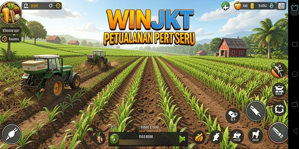 Screenshot gameplay WINJKT menunjukkan aktivitas bertani yang seru.