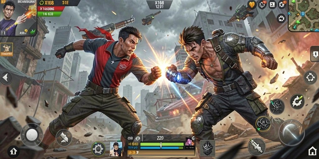 Tampilan menegangkan gameplay X168 di pertarungan action.