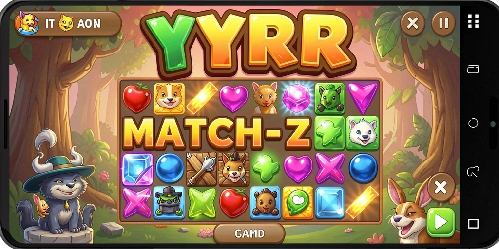 Tangkapan layar YYRR menampilkan gameplay Match-3 yang menarik dan penuh warna.